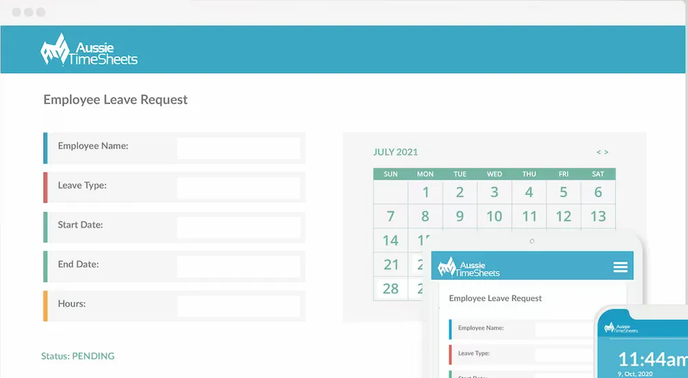 Aussie Time Sheets employee leave request form and calendar