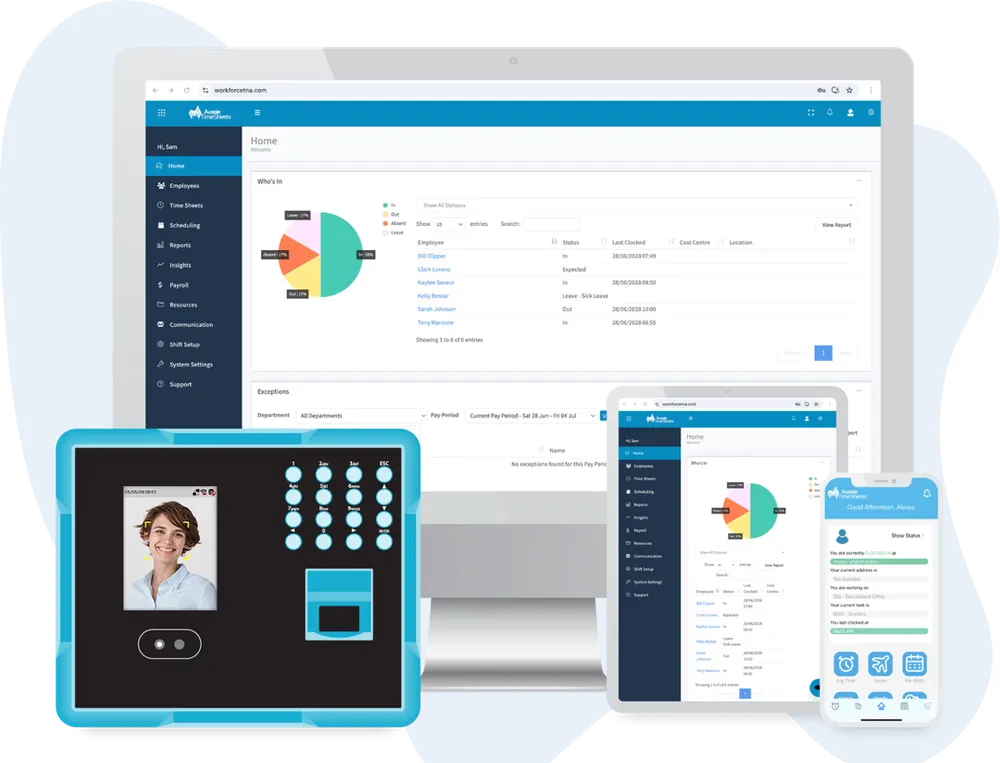 Aussie Time Sheets across desktop, biometric kiosk, tablet and mobile