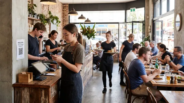 A new cafe staff member onboarding on her phone during a busy service