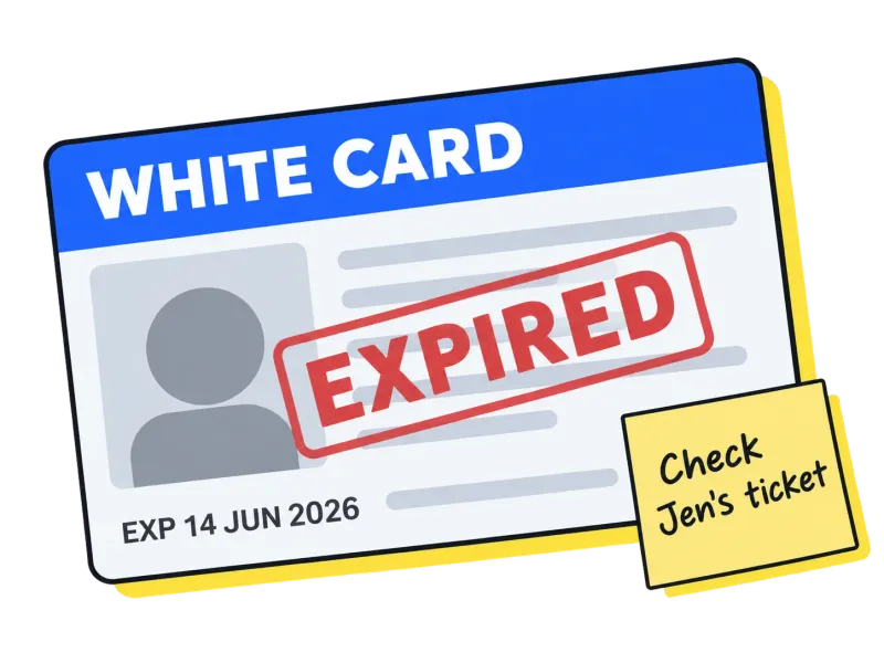 A White Card stamped EXPIRED, 14 Jun 2026, with a sticky note: Check Jen's ticket