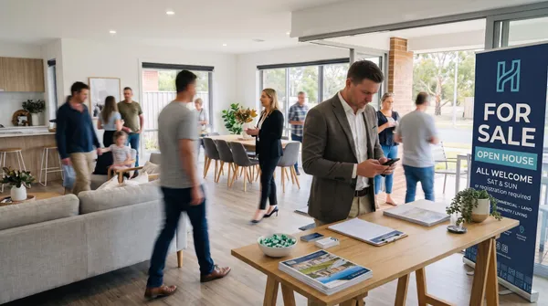 A real estate agent checking his phone at a busy open house