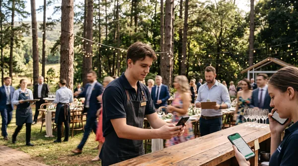 Venue staff checking their phones at an outdoor wedding reception