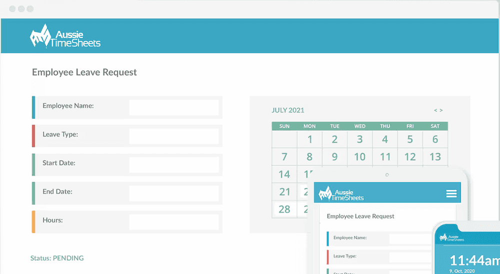 Aussie Time Sheets employee leave request form and calendar