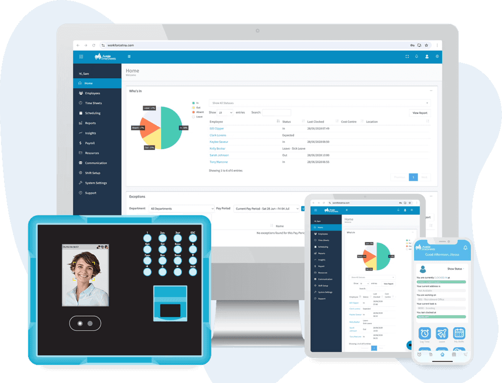Aussie Time Sheets across desktop, biometric kiosk, tablet and mobile