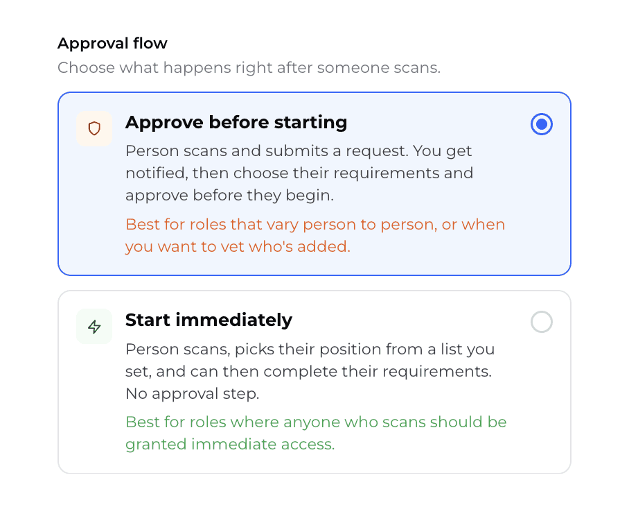 Choosing an approval flow for an entry point: approve before starting, or start immediately