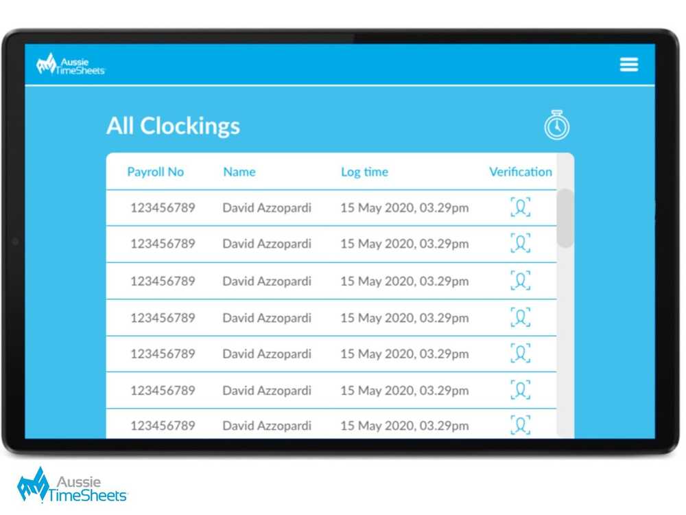 Aussie Time Sheets all-clockings report with verified log times