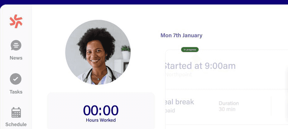 The Deputy time clock app showing a worker’s shift in progress
