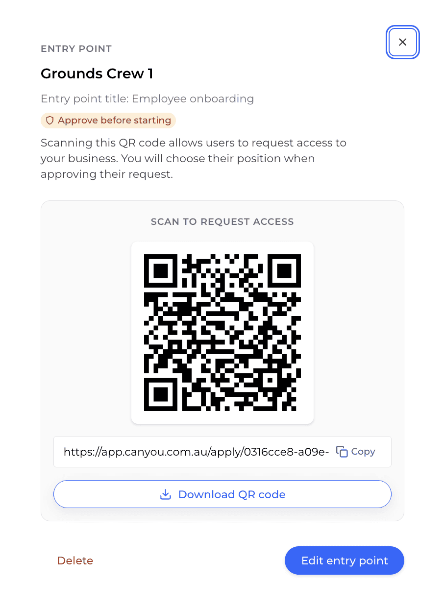 A Canyou entry point with the QR code people scan to request access