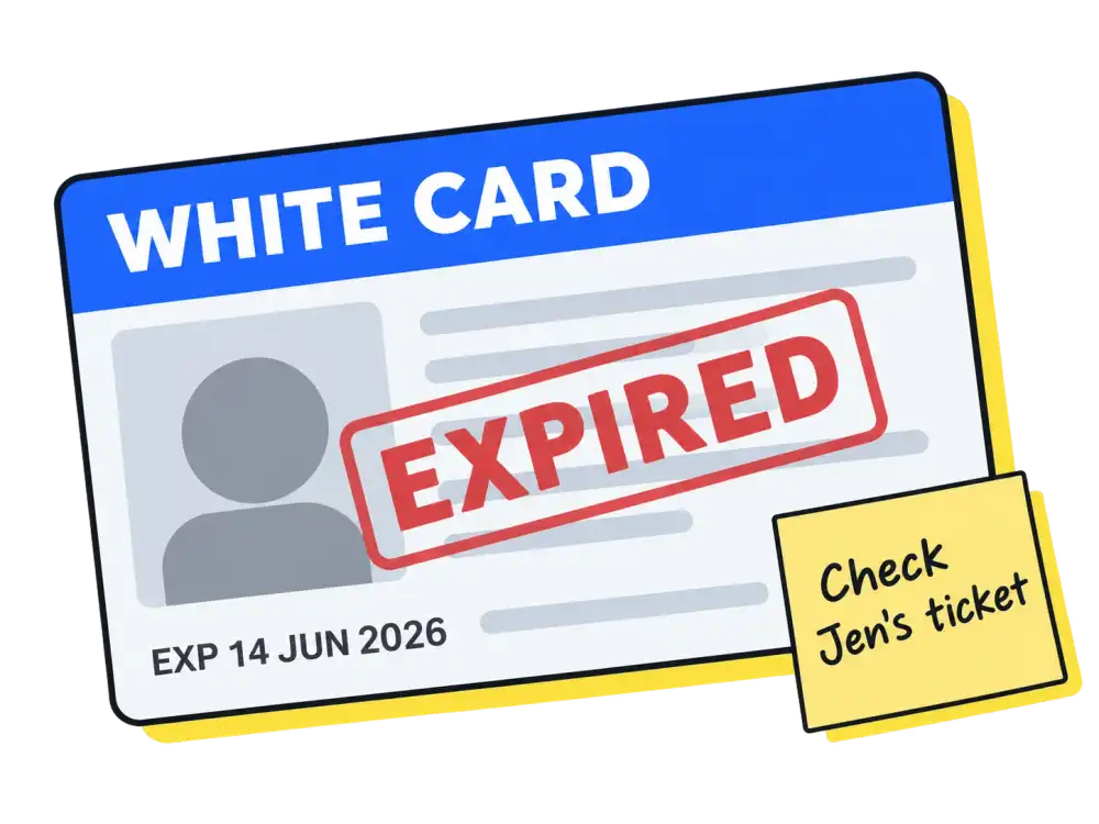 A White Card stamped EXPIRED, 14 Jun 2026, with a sticky note: Check Jen's ticket