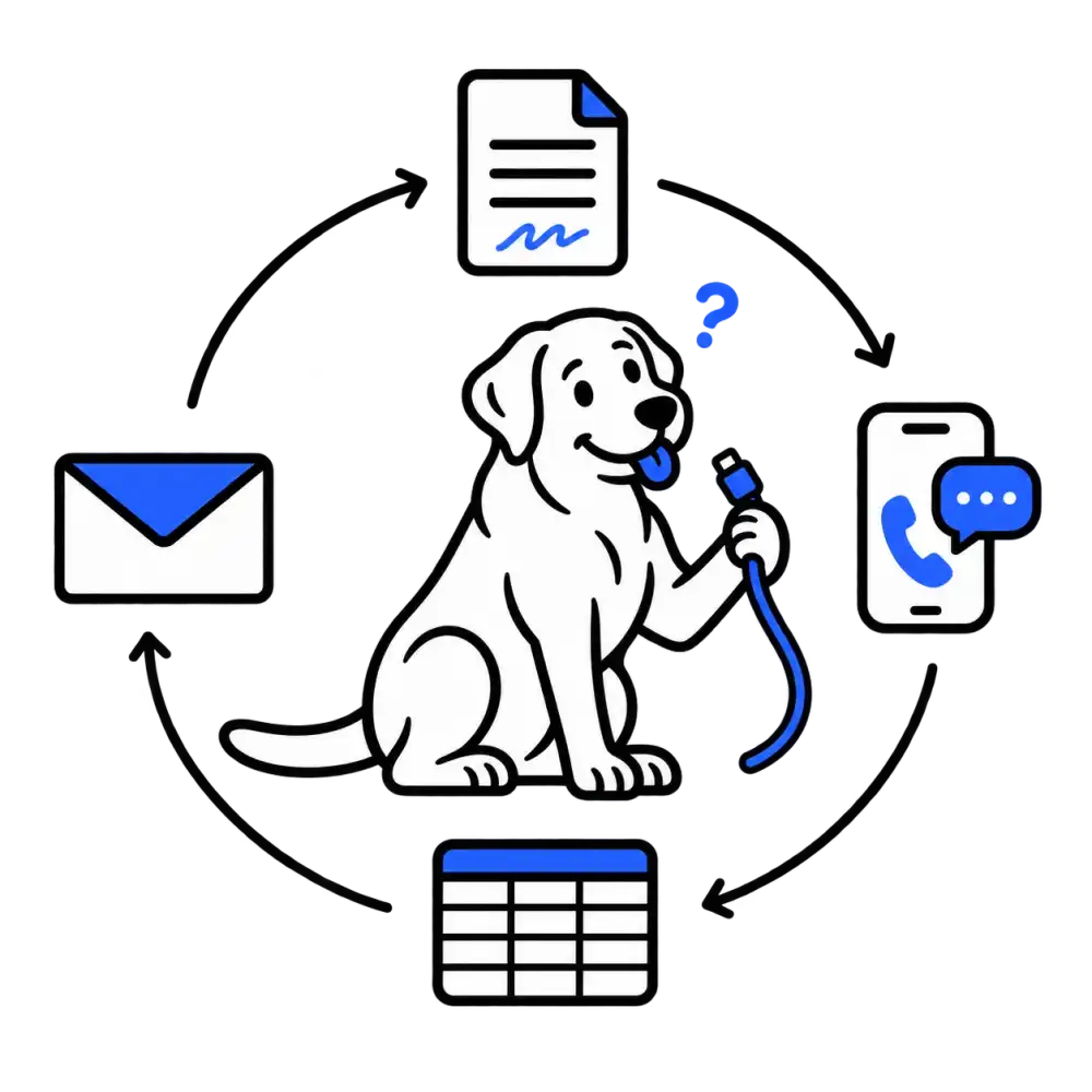 A puzzled Apollo inside a loop of email, forms, calls and spreadsheets