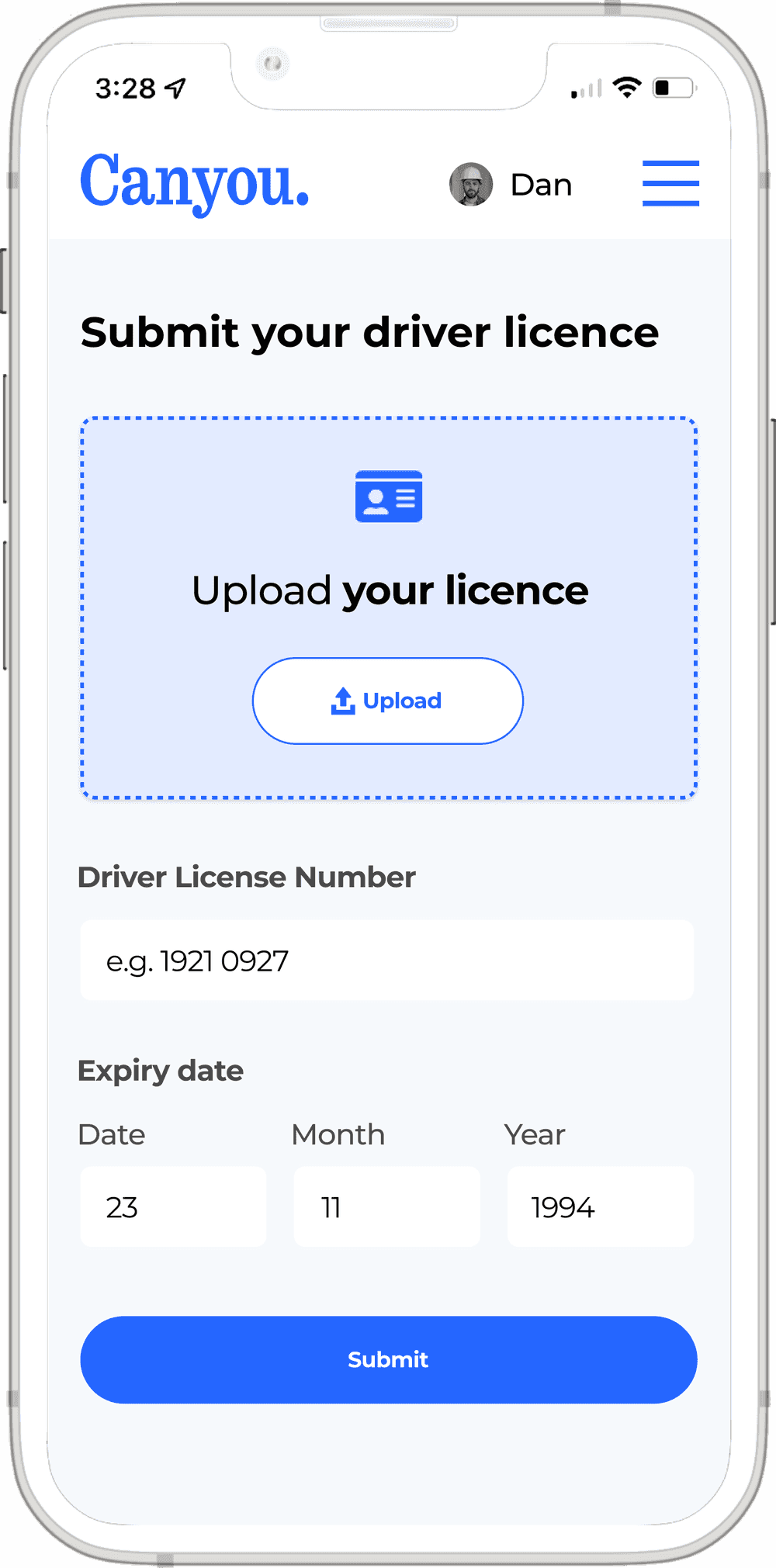 A client uploading a driver licence