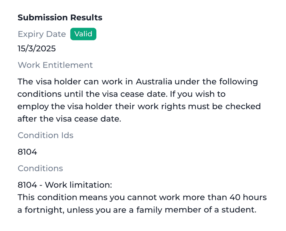 Visa check results in Canyou showing a valid expiry date, work entitlement and visa conditions