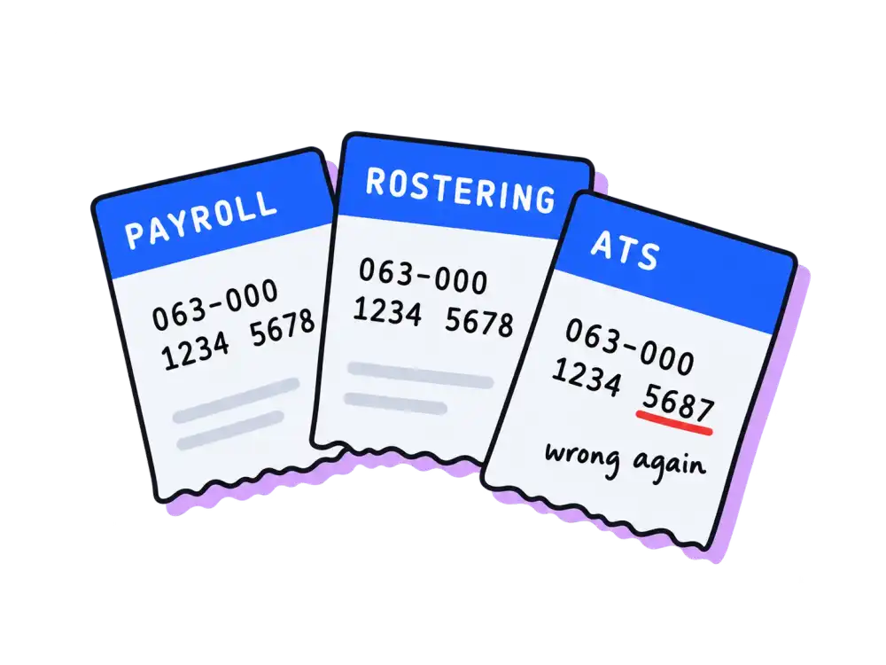 Payroll, rostering and ATS records of the same bank account, with the ATS copy typed wrong again