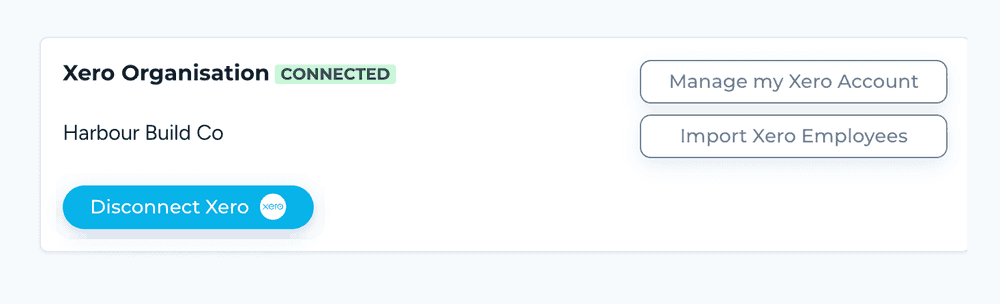 Canyou settings showing a connected Xero organisation, with Import Xero Employees